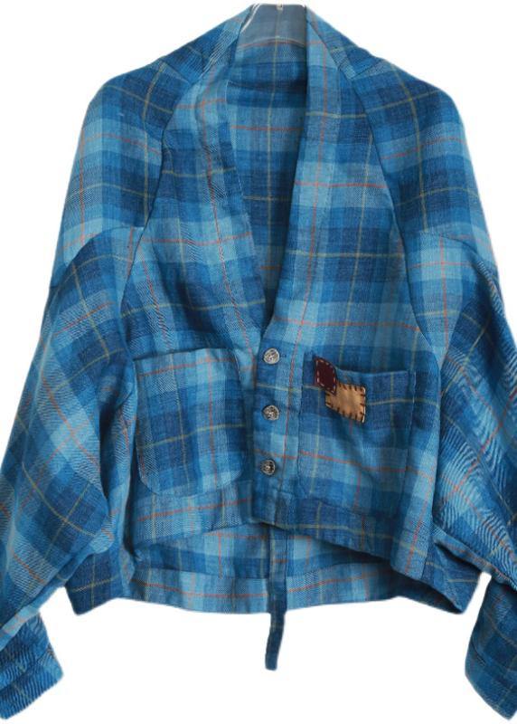 Vintage Blue Plaid Batwing Sleeve Linen Summer Shirt Tops