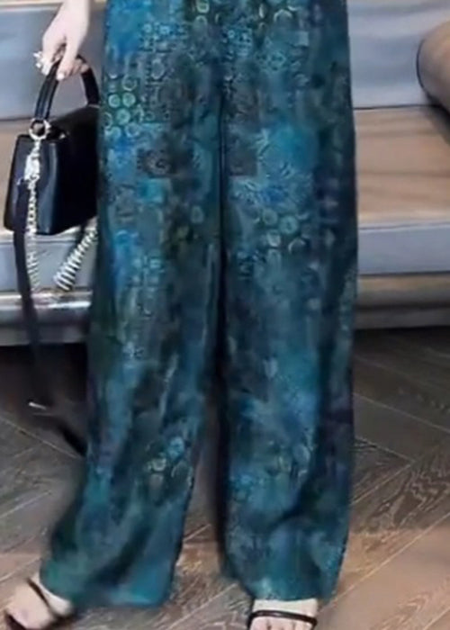 Blue Print Elastic Waist Cotton Pants Fall