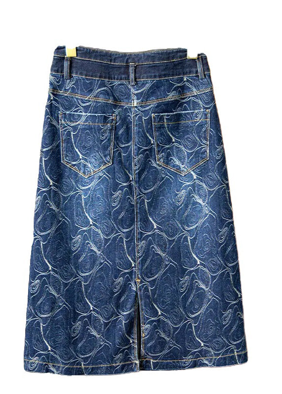 Blue Print High Waist Button Denim a Line Skirts Summer