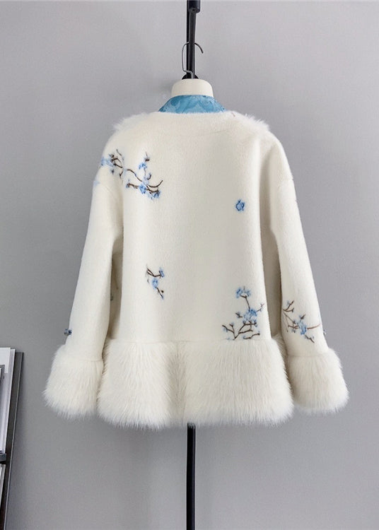 Blue V Neck Tasseled Chinese Button Wool Mink Cashmere Winter