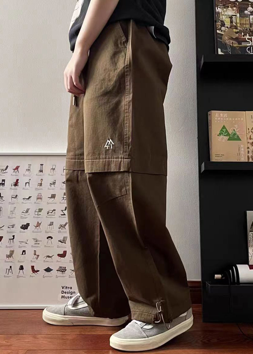 Brown Embroideried Elastic Waist Cotton Pants Summer