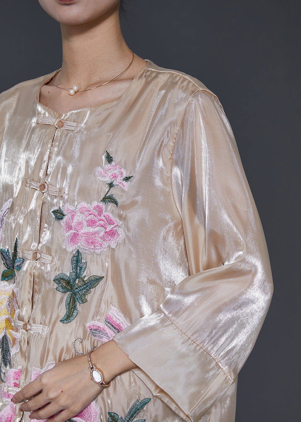 Champagne Embroidered Linen Silk Shirt Spring