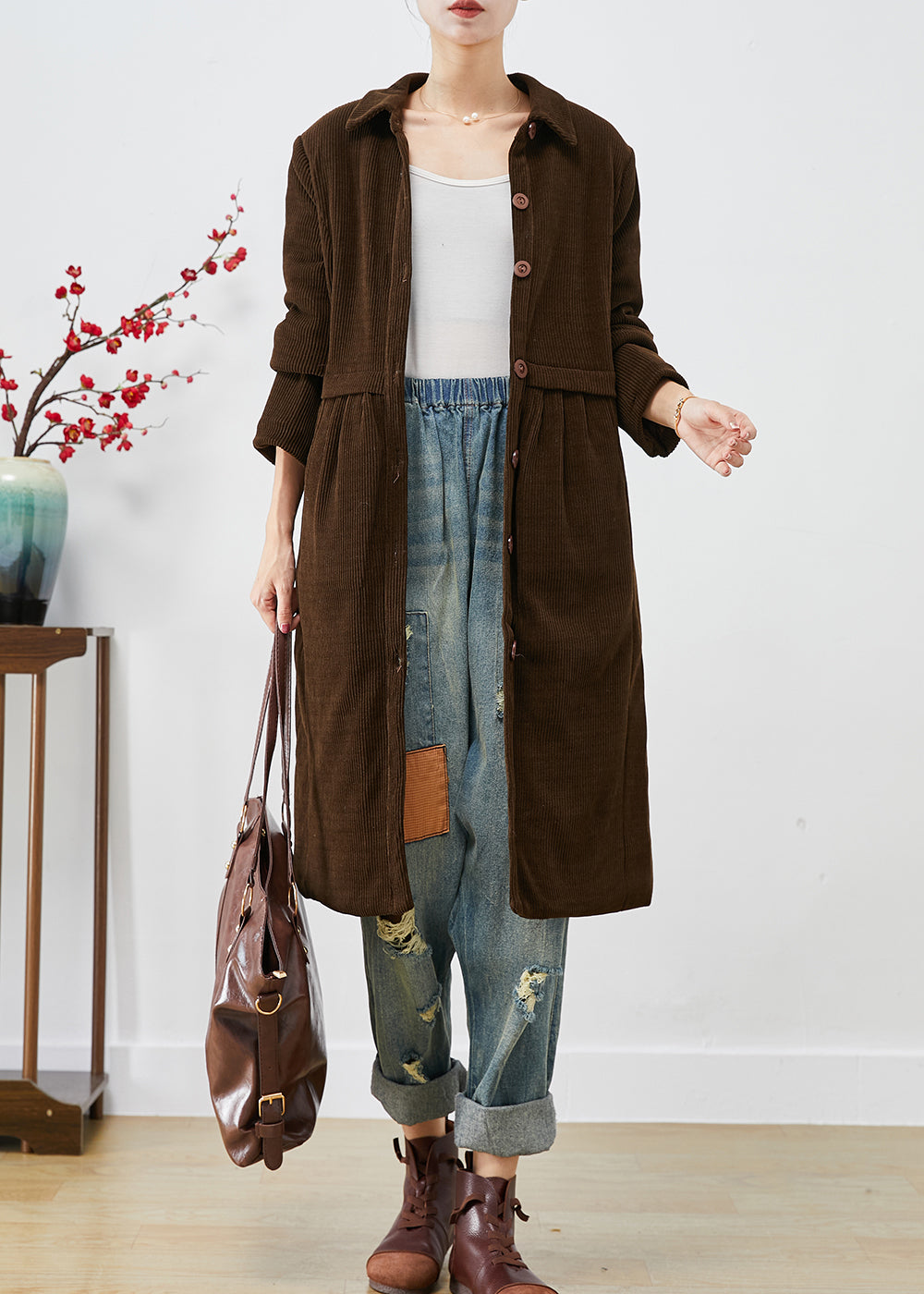 Chocolate Warm Fine Cotton Filled Corduroy Trench Coats Winter