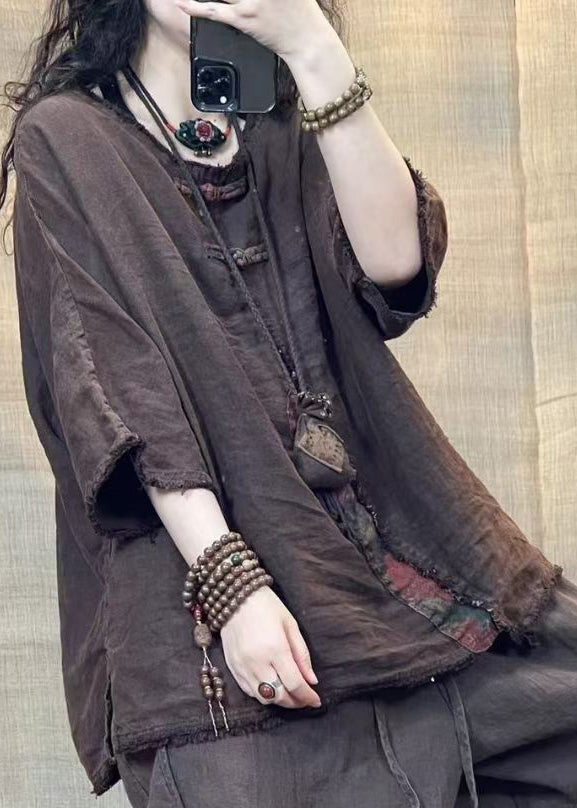 Coffee O Neck Patchwork Linen Shirts Bracelet Sleeve