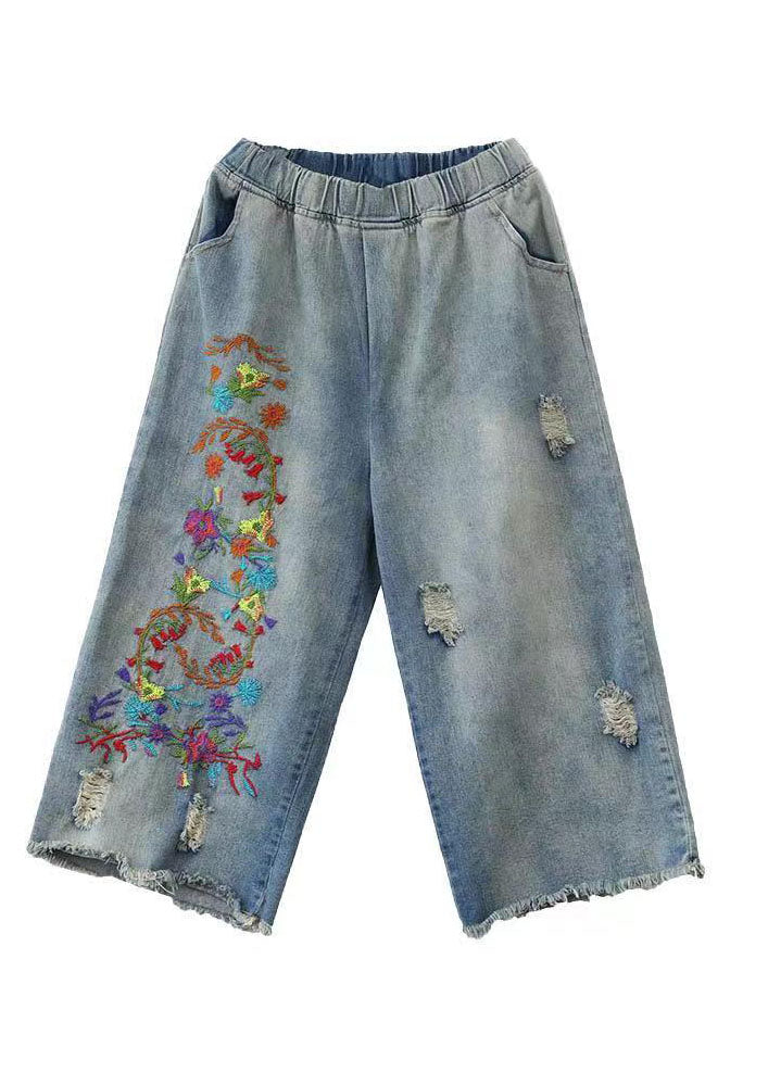 Denim Blue Elastic Waist Embroideried Cotton Wide Leg Pants Summer