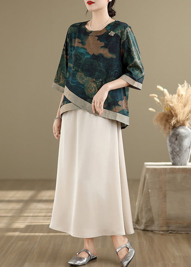Green Asymmetrical Print Silk Blouses Half Sleeve