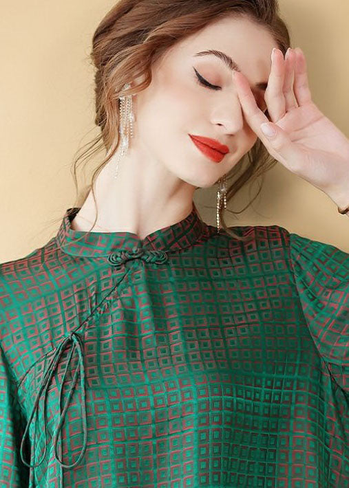 Green Chinese Button Jacquard Patchwork Silk Shirt Tops Summer