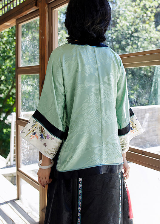 Vintage Green O-Neck Embroideried Patchwork Jacquard Silk Top Long Sleeve