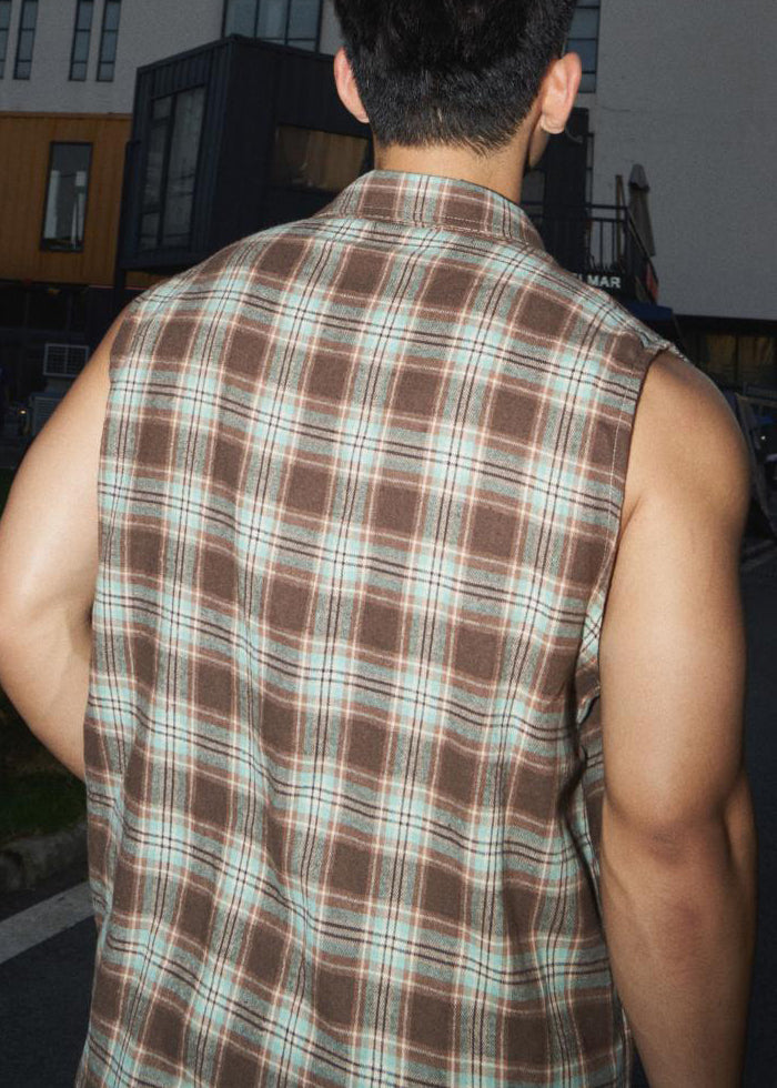 Green Peter Pan Collar Plaid Cotton Tank Sleeveless