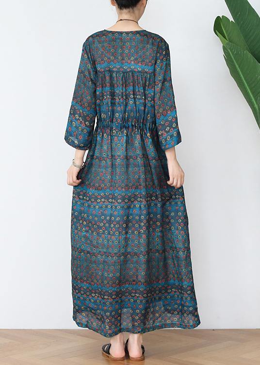 Green Print Cotton V Necktie Waist Spring Long Dress