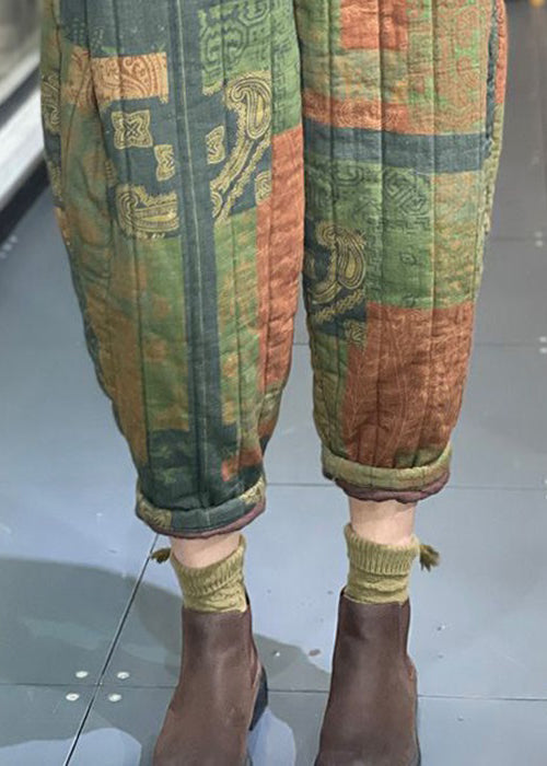 Green Print Pockets High Waist Cotton Filled Pants Winter