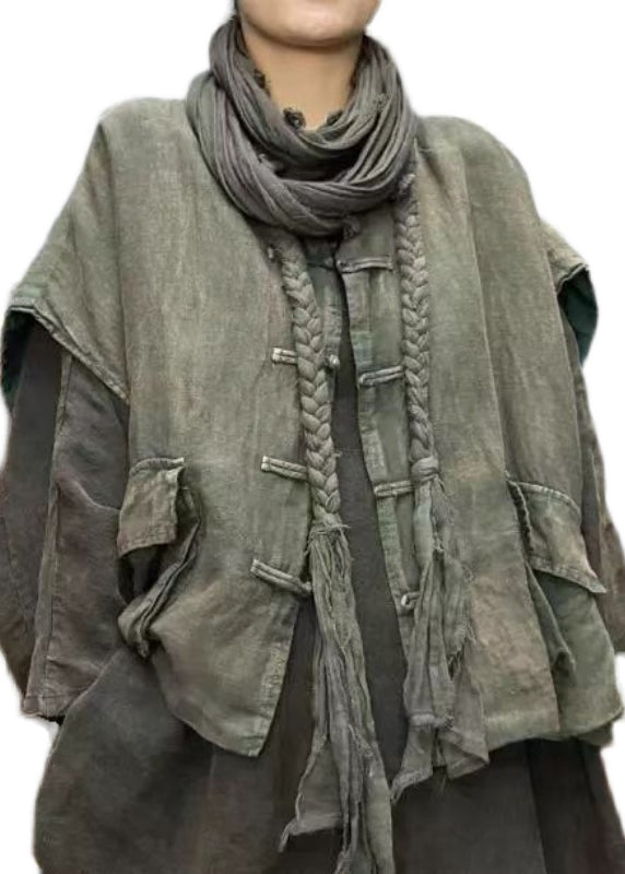 Green Stand Collar Pockets Chinese Button Cotton Vest Fall