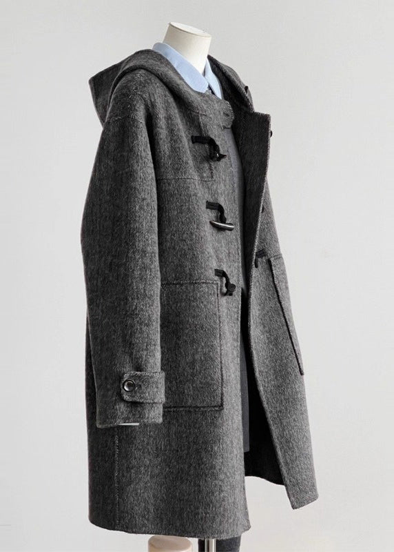 Grey Hooded Pockets Woolen Coats Winter