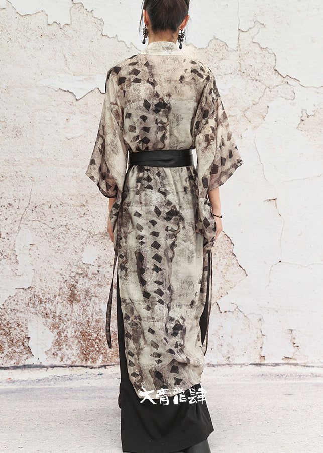 Grey Print Lace Up Side Open Cotton Long Coat Half Sleeve