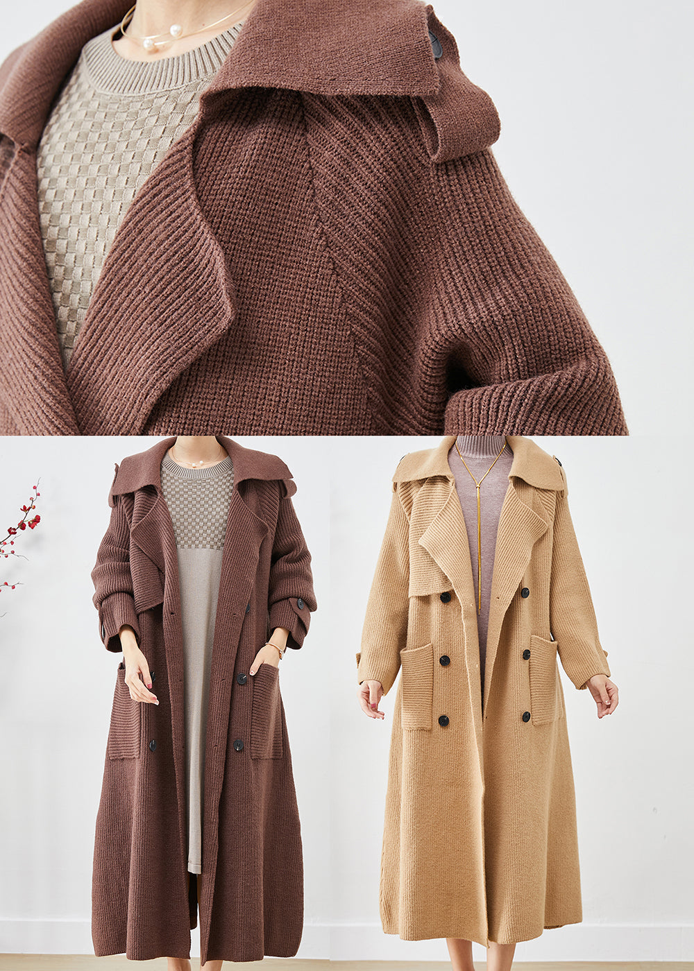 Khaki Double Breast Pockets Knit Trench Coats Fall