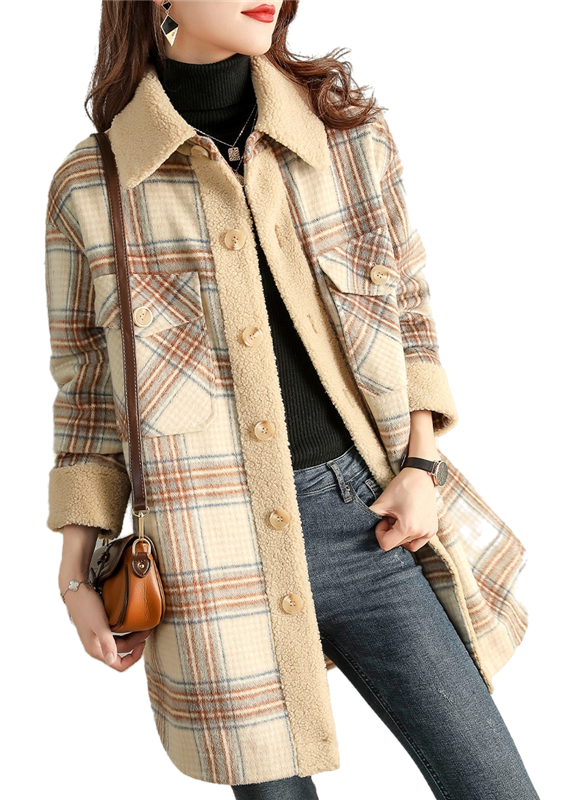 Khaki Peterpan Collar Plaid Winter Fleece Coat