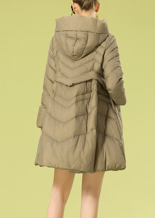 Khaki Hooded Zippered Bow Winter Duck Down Coat
