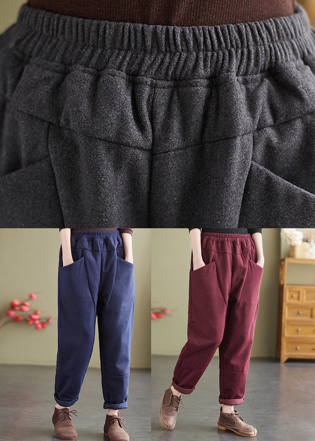 Mulberry Pockets Elastic Waist Fine Cotton Filled Pants Winter