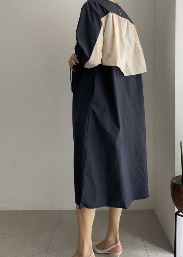 Navy O-neck Tie Waist Cotton Mid Dress Half Sleeve Long Dress