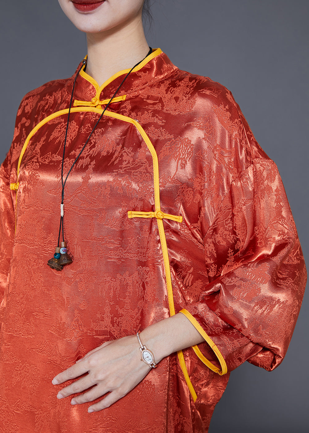 Orange Mandarin Collar Jacquard Chinese Button Silk Shirts Summer