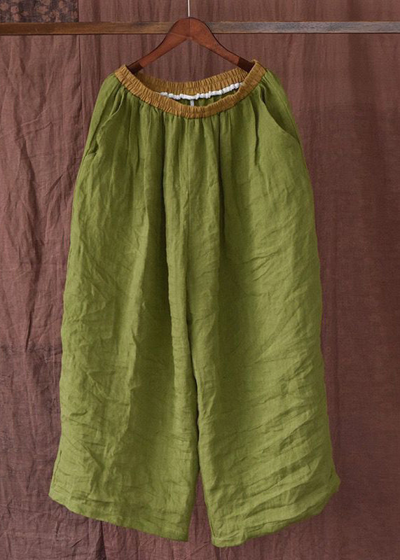 Orange Pockets Elastic Waist Linen Pants Summer