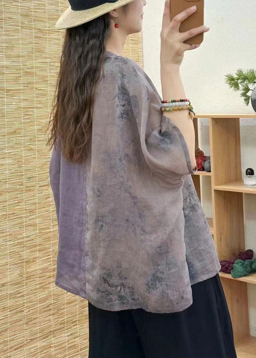 Orange V Neck Embroideried Print Patchwork Linen Shirt Tops Summer