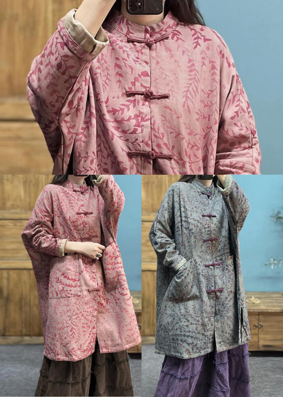 Pink Print Pockets Cotton Trench Spring