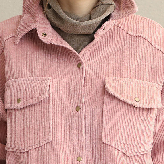 Pink and Gray Fall Loose Corduroy Short Coat for