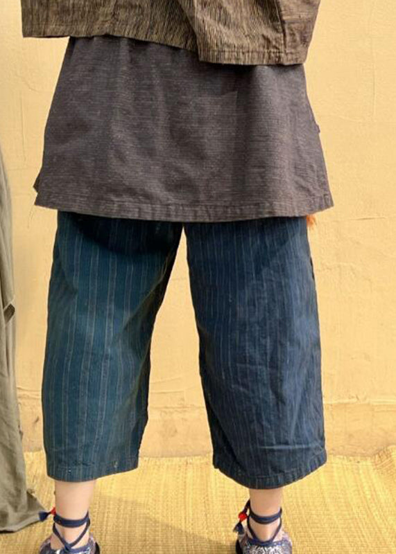 Pockets Striped Tassel Elastic Waist Linen Crop Pants Fall