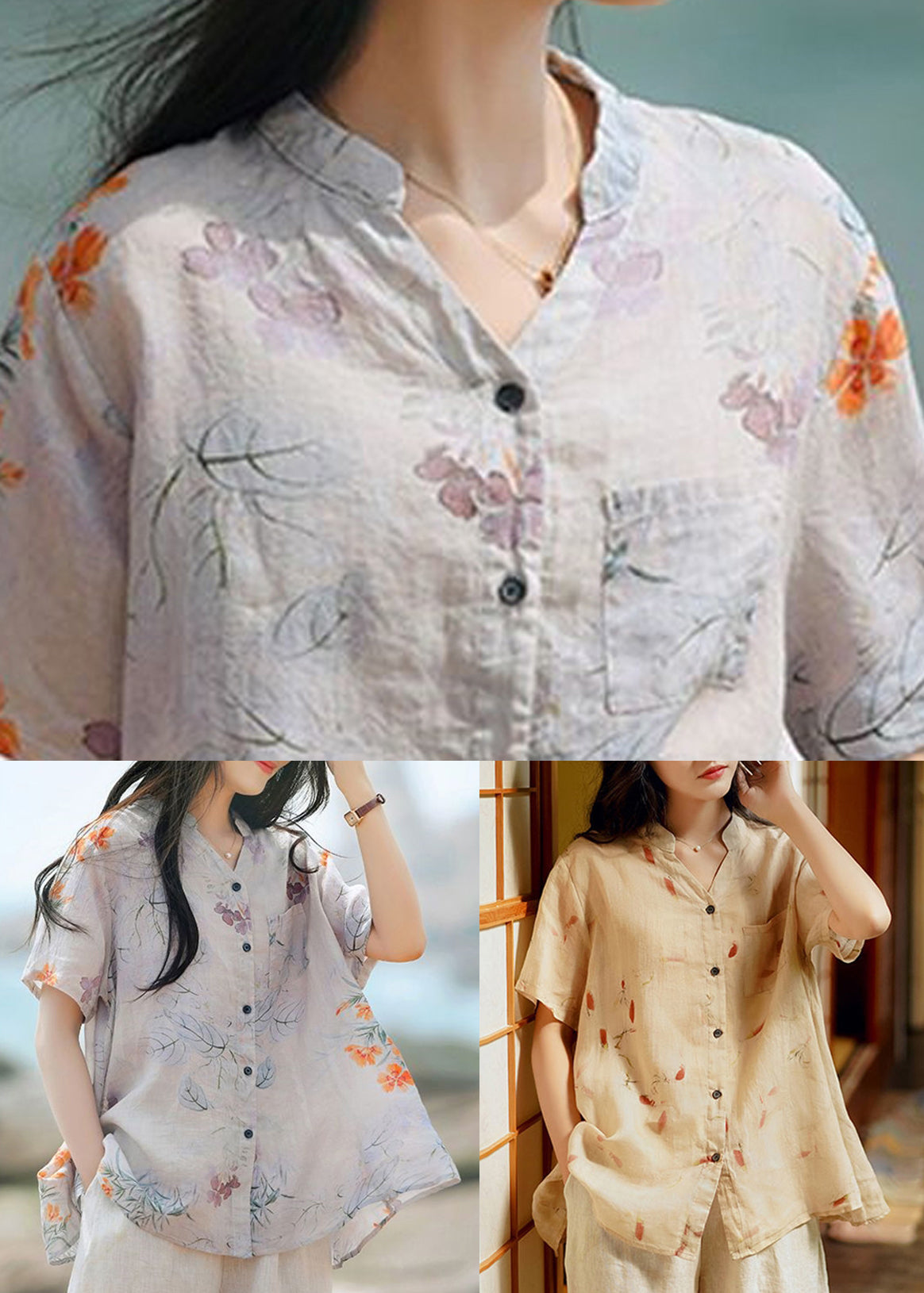 Purple Print Button Patchwork Linen Blouse Tops Summer