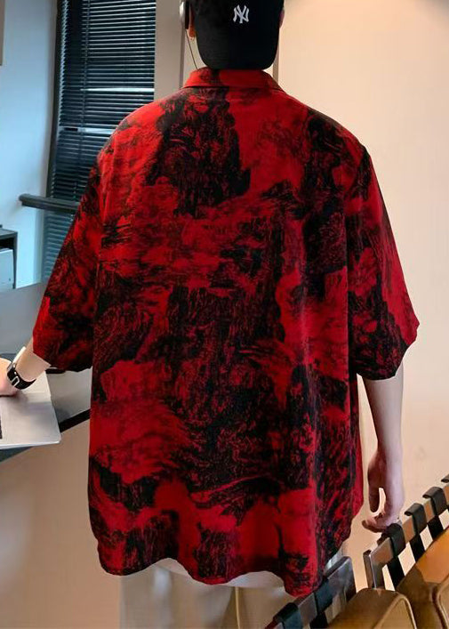 Red Button Print Pockets Cotton Shirts Half Sleeve
