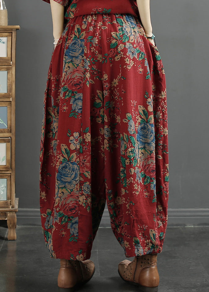 Red Print Pockets Elastic Waist Cotton Lantern Pants Fall