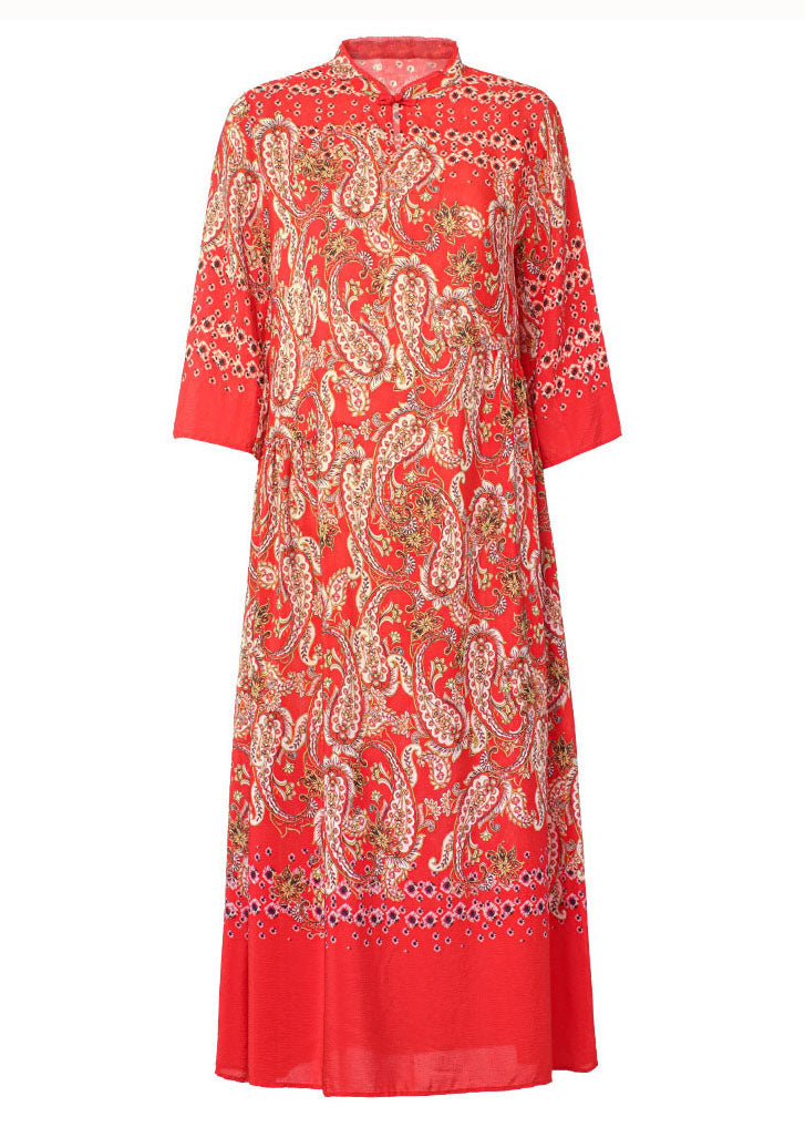 Red Stand Collar Print Button Patchwork Silk Dress Summer