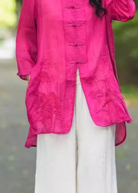 Rose Stand Collar Embroidered Chinese Button Linen Top Summer