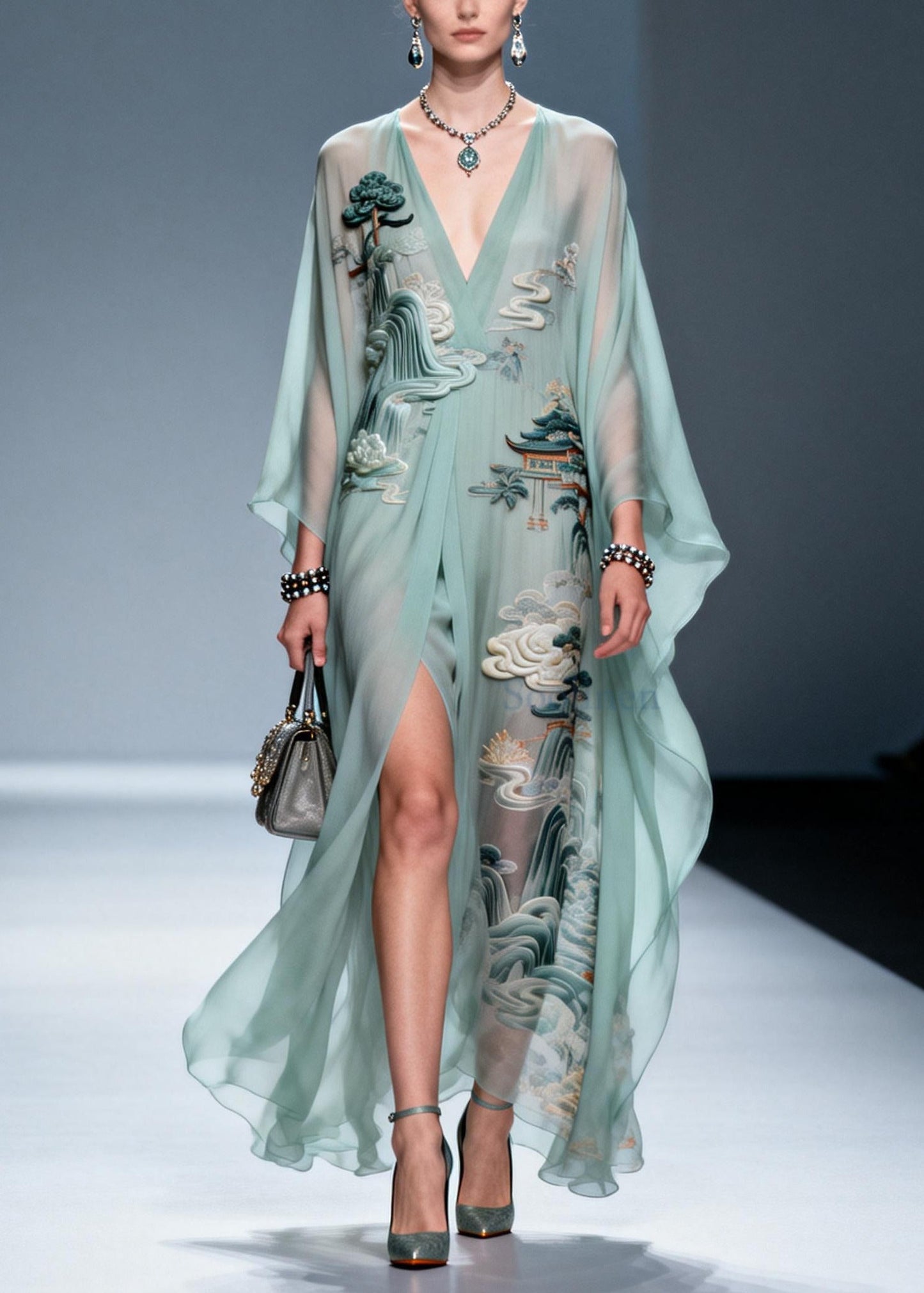 Sky Blue Print Side Open Chiffon Holiday Dress Summer