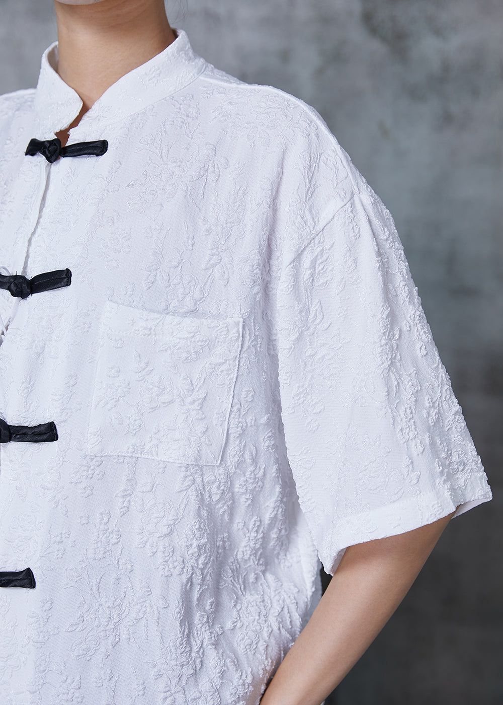 White Jacquard Chinese Button Cotton Shirts Summer