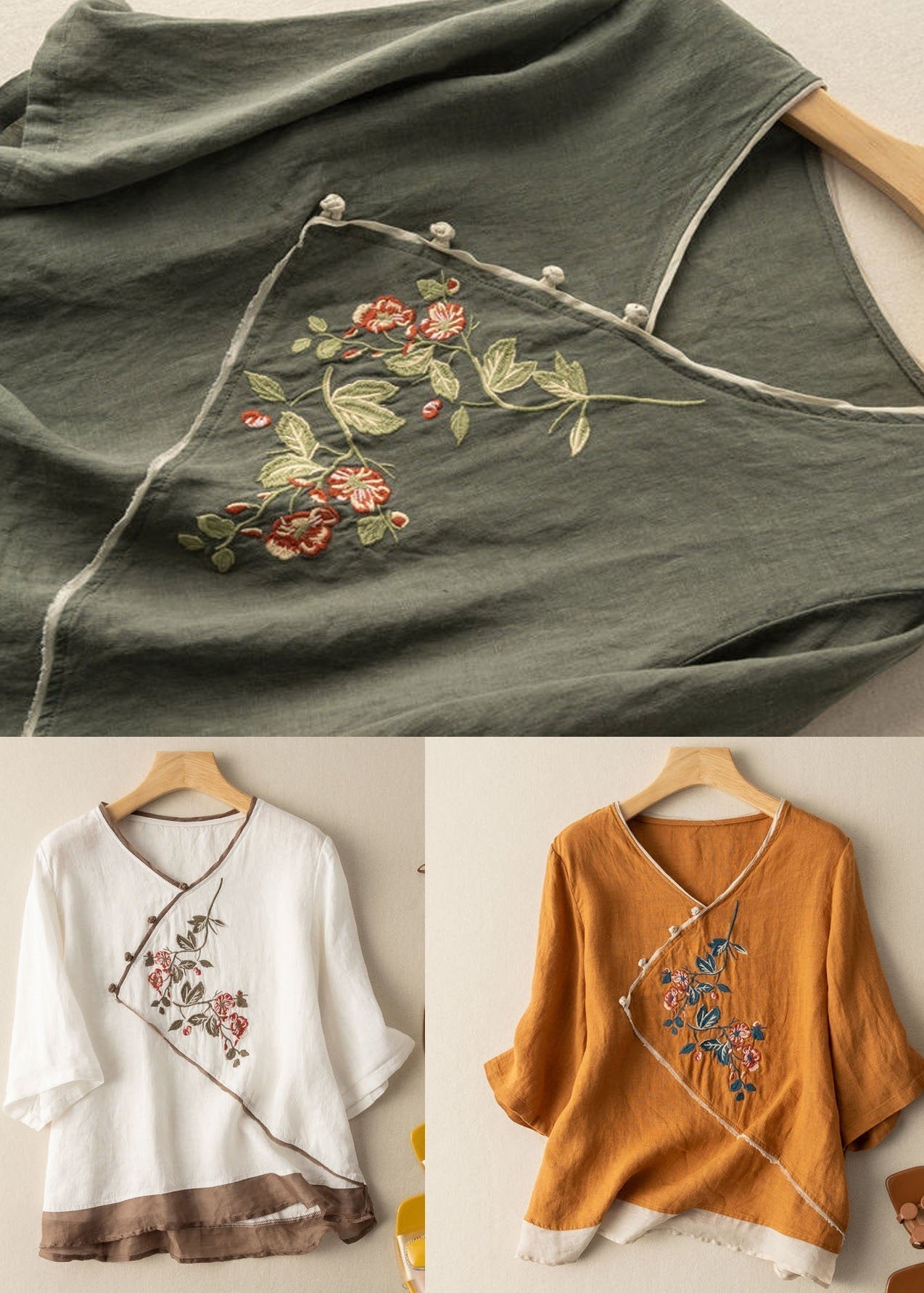 White V Neck Patchwork Linen Blouses Half Sleeve