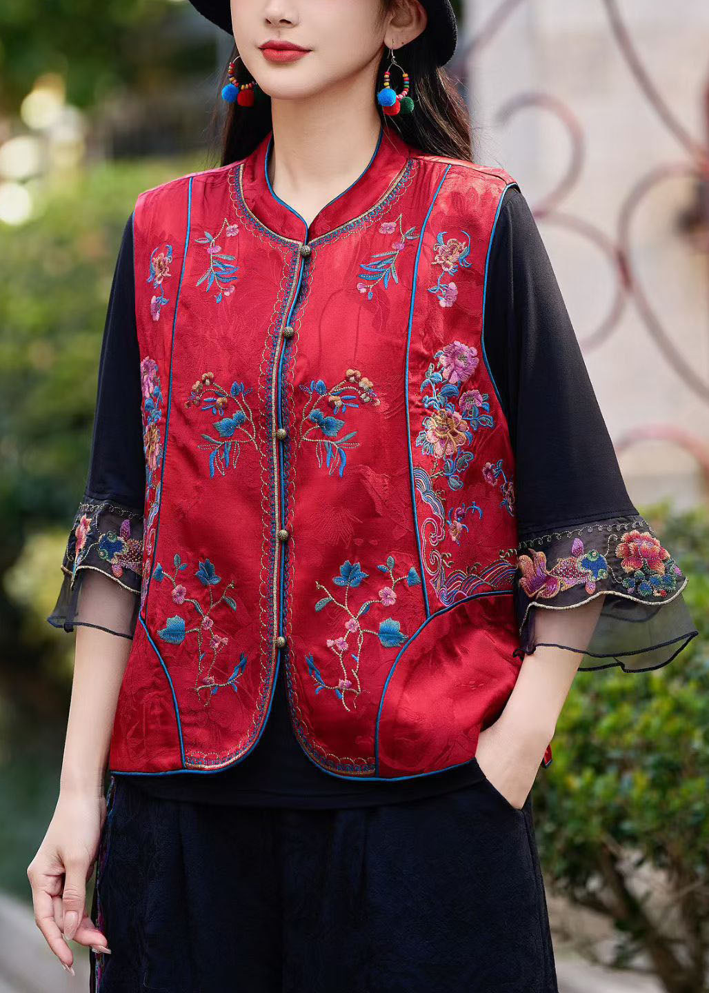 Yellow Stand Collar Embroideried Silk Vest Sleeveless