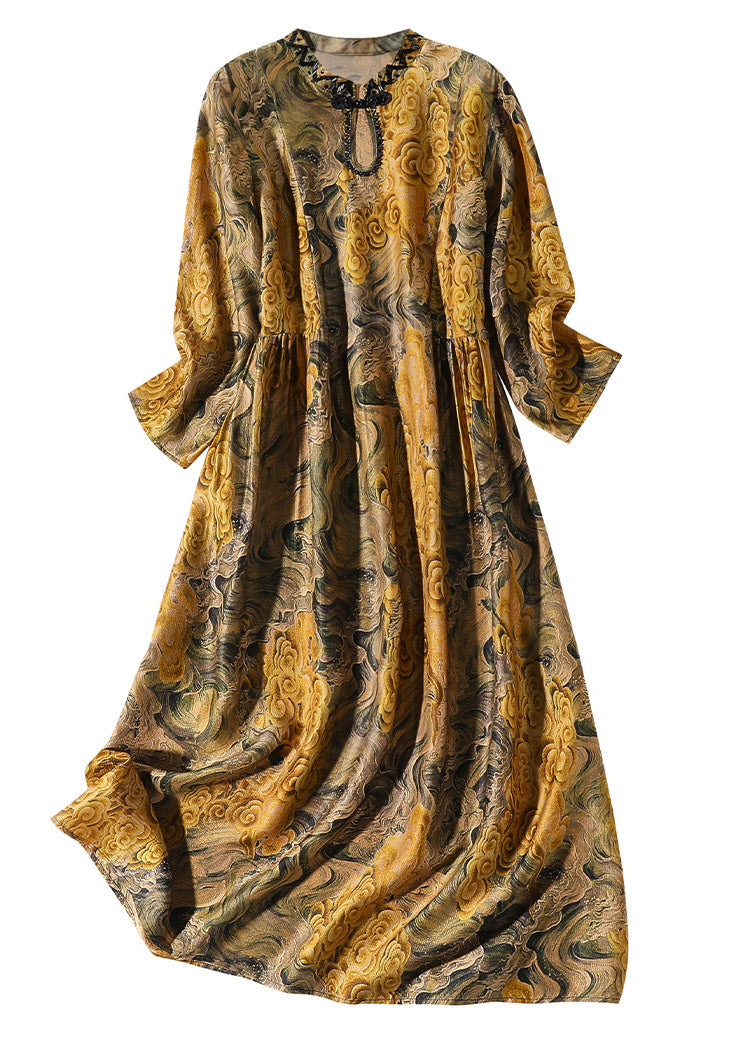 Yellow Stand Collar Print Button Silk Maxi Dress Summer