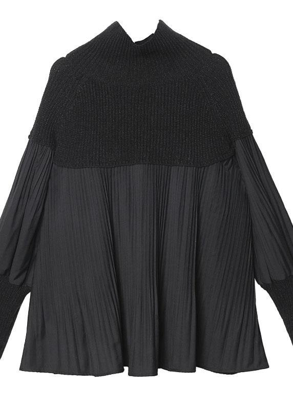 Black Sweater Tops Puff Sleeve Loose Fitting Cinched Knit Tops