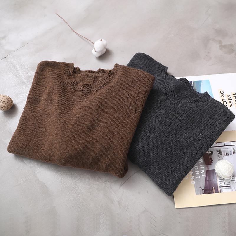 Winter Gray Knitted Blouse Hole Knit Tops
