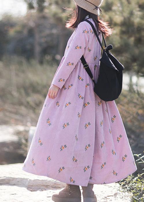 Vivid Pink Embroidery Dress O-neck Long Spring Dresses