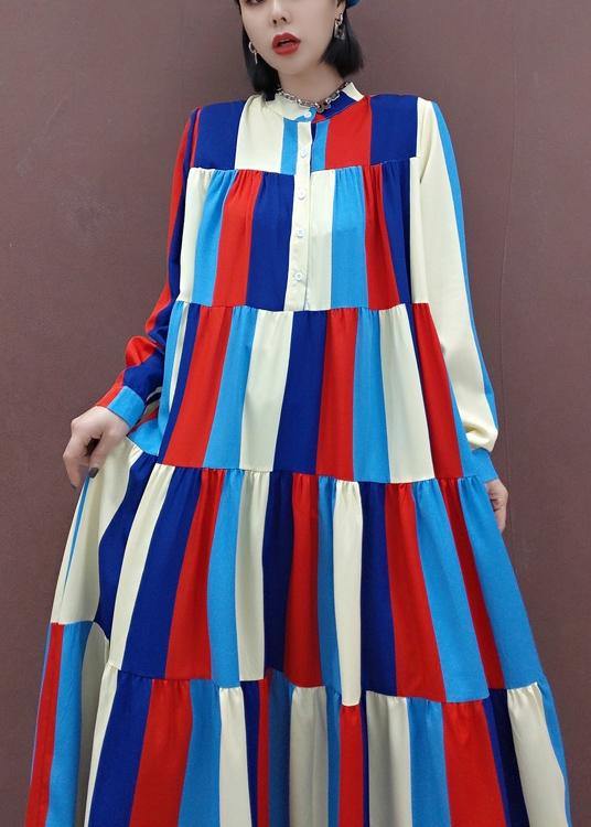 Vivid Stand Collar Patchwork Spring Clothes Ideas Multicolor Striped Kaftan Dresses