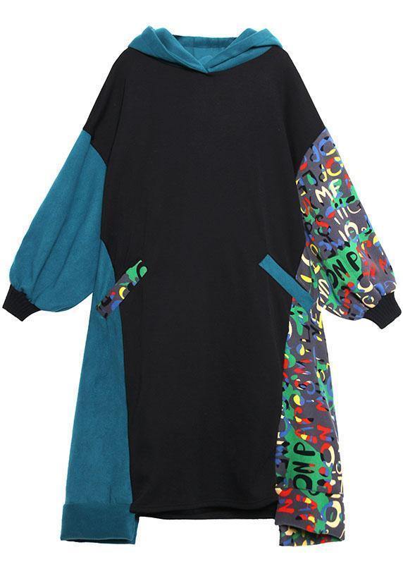 Vivid Black Cotton Quilting Clothes Hooded Patchwork Print Traveling Dresses