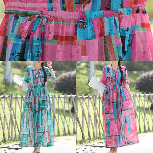Vivid Blue Print Linen Long Shirts Korea Sewing O Neck Clothing Summer Dress