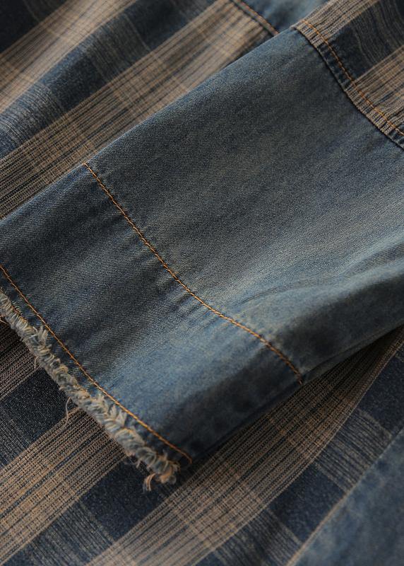 Vivid denim blue plaid Tunic hooded Button Down Plus Size Dress