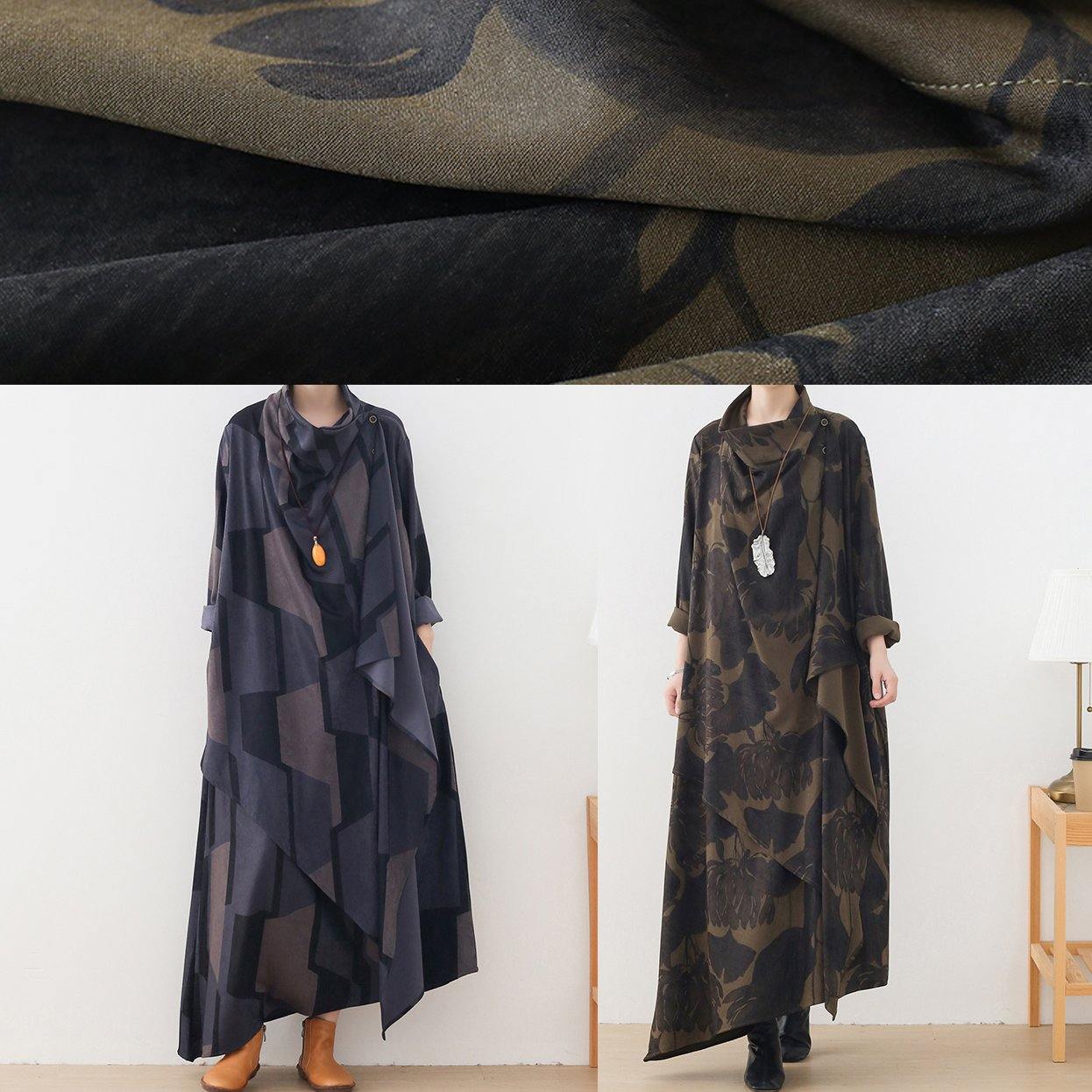 Vivid High Neck Asymmetric Tunics for Sewing Green Print Loose Dresses