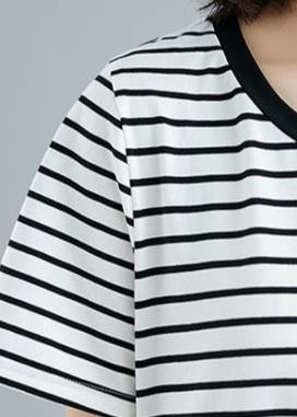 Vivid Striped Cotton Long Shirts O Neck Asymmetric Dresses