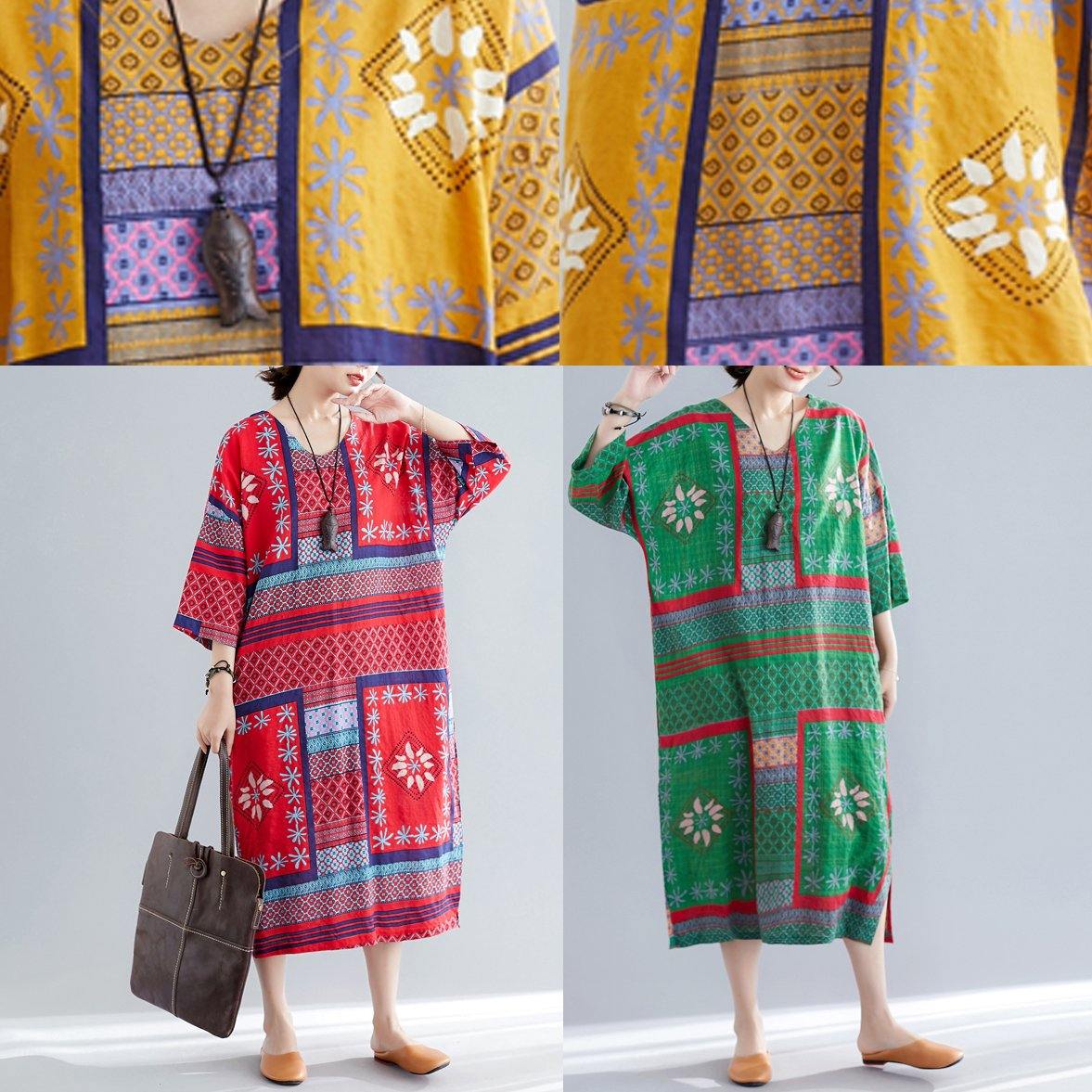 Vivid V Neck Side Open Cotton Quilting Dresses Tutorials Yellow Print Long Dresses Summer