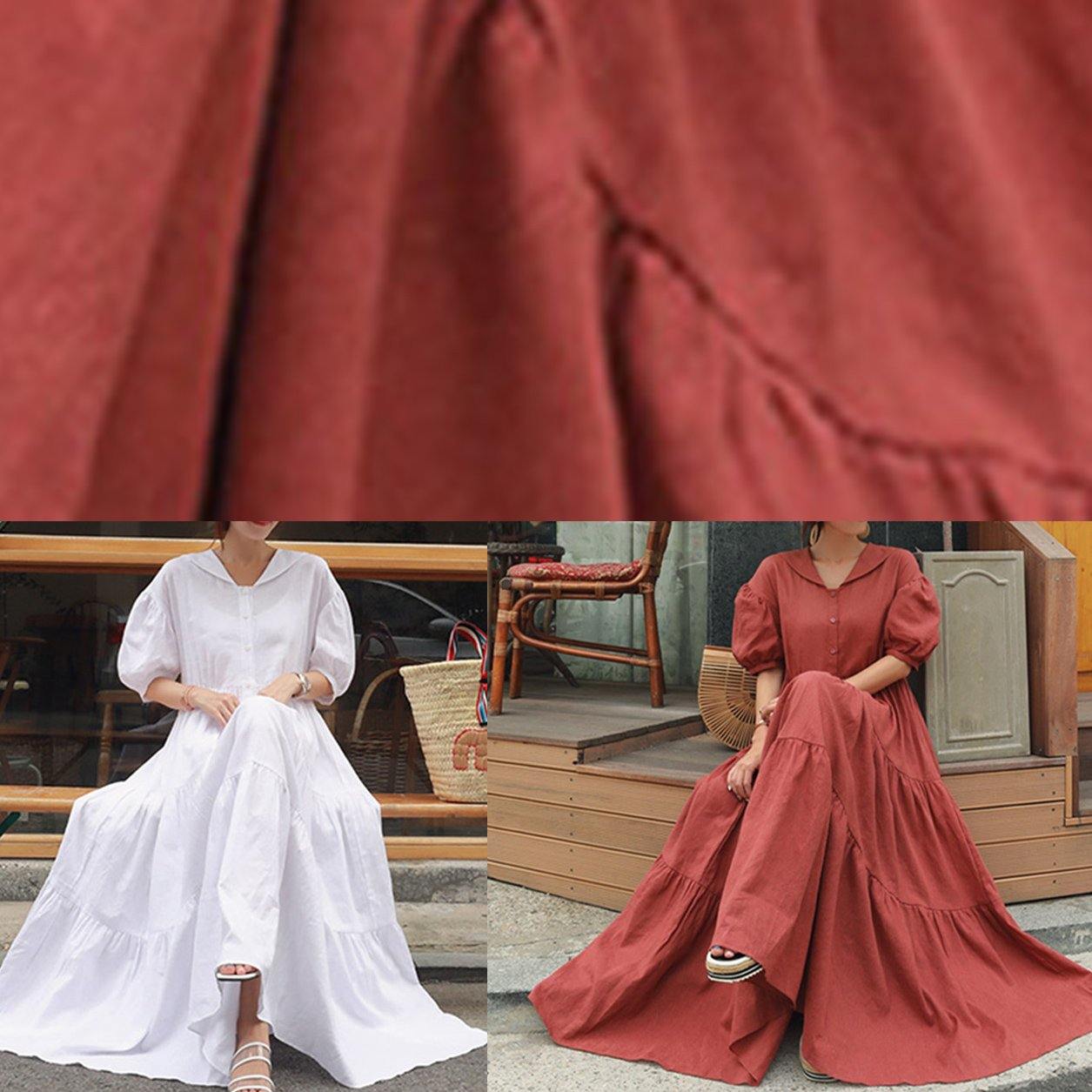 Vivid White Linen Clothes for Peter Pan Collar Ruffles Long Dress